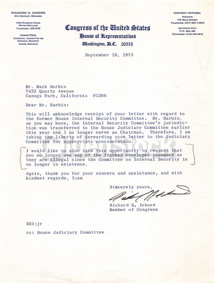 Richard Ichord Missouri Congress Autograph Signed Mail Fraud Letter 1975