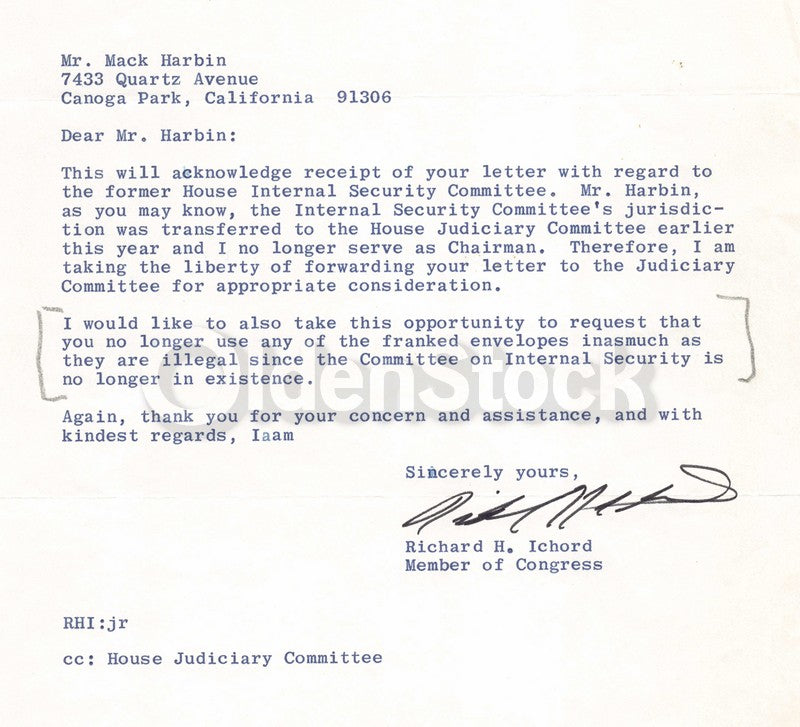 Richard Ichord Missouri Congress Autograph Signed Mail Fraud Letter 1975