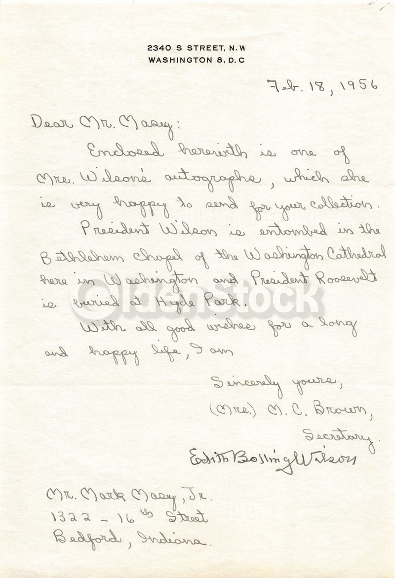 Edith Wilson Presidential First Lady Autograph Signed Political Letter 1956