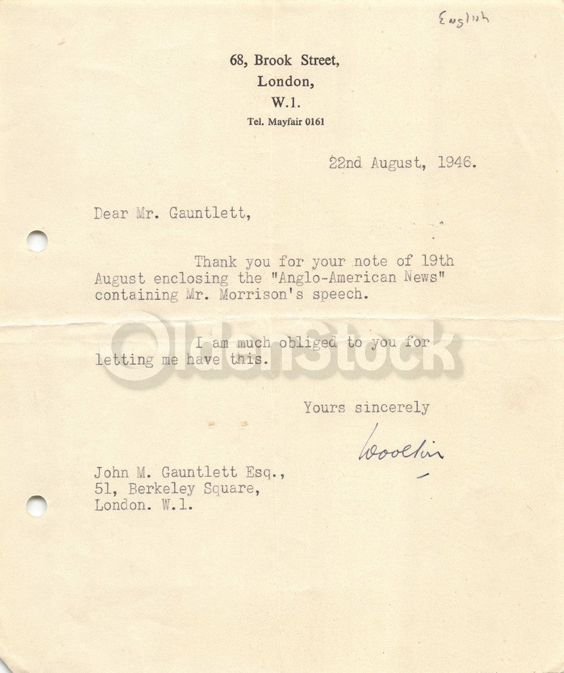 Frederick Marquis Earl of Woolton English Politician Autograph Signed Letter 1946