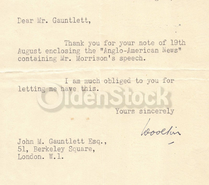 Frederick Marquis Earl of Woolton English Politician Autograph Signed Letter 1946
