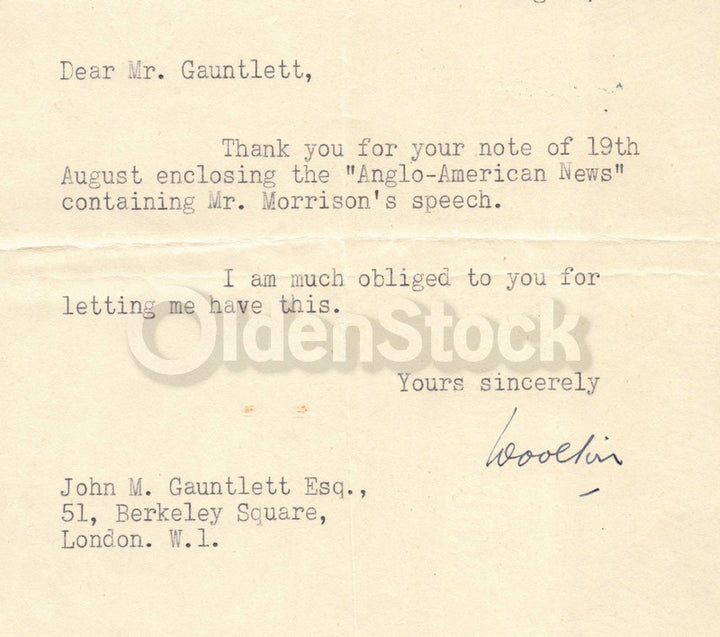 Frederick Marquis Earl of Woolton English Politician Autograph Signed Letter 1946