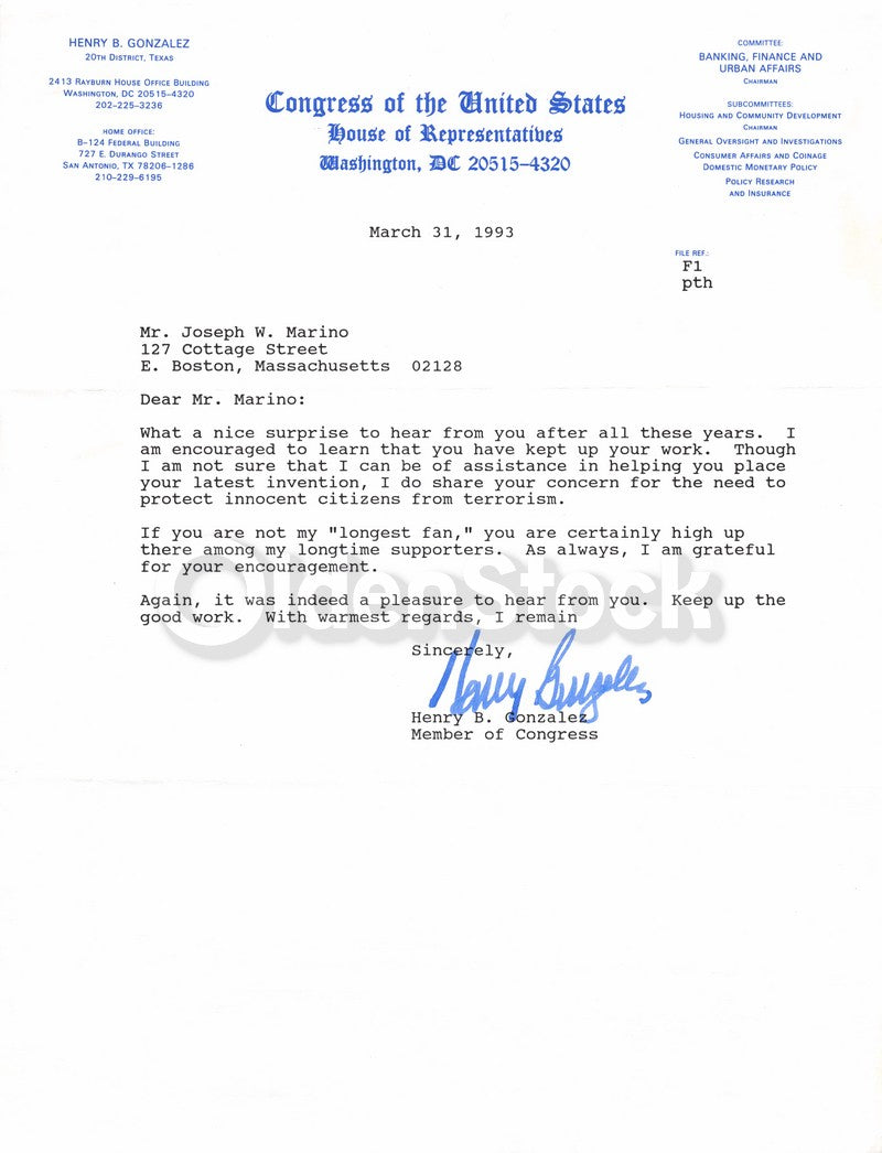 Henry Gonzalez Texas Congress Vintage Autograph Signed Letter 1993