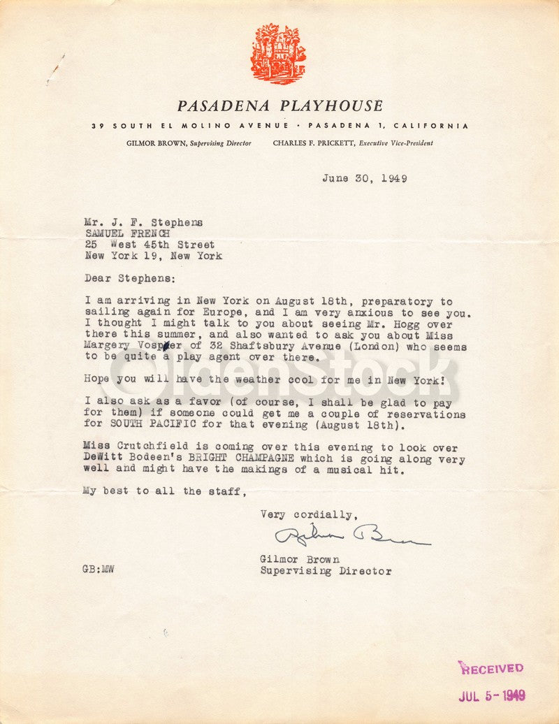 Gilmor Brown Pasadena Playhouse Vintage Autograph Signed Theatre Letter 1949