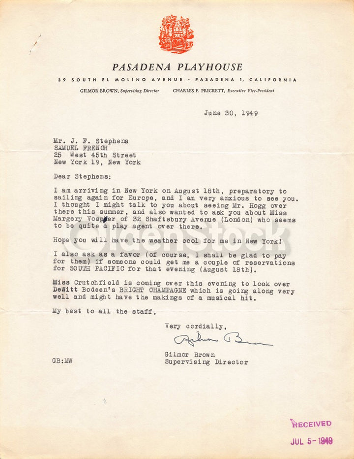 Gilmor Brown Pasadena Playhouse Vintage Autograph Signed Theatre Letter 1949