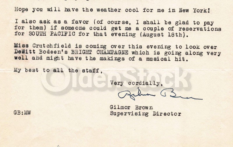 Gilmor Brown Pasadena Playhouse Vintage Autograph Signed Theatre Letter 1949