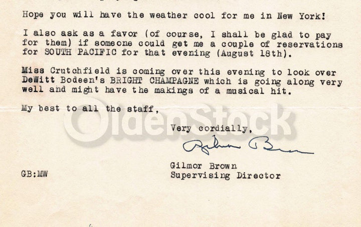 Gilmor Brown Pasadena Playhouse Vintage Autograph Signed Theatre Letter 1949