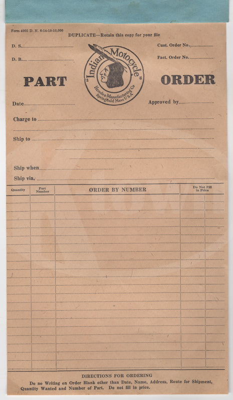 Hendee Indian Motorcycle Springfield MA Original Antique Bike Parts Order Form