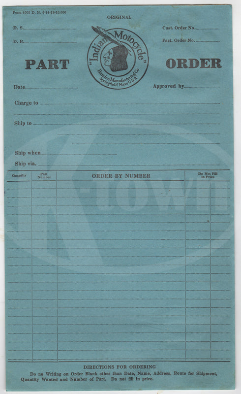 Hendee Indian Motorcycle Springfield MA Original Antique Bike Parts Order Form
