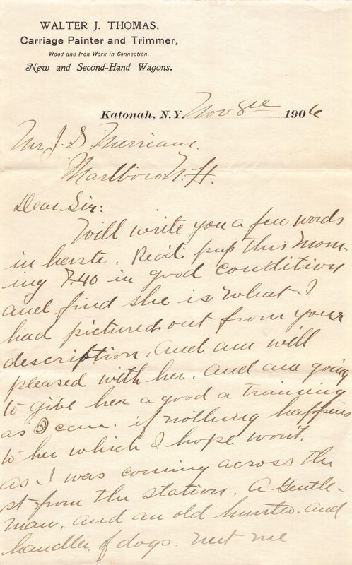 Walter Thomas Carriage Wagons Katonah NY Antique Dog Breeding Letter 1906