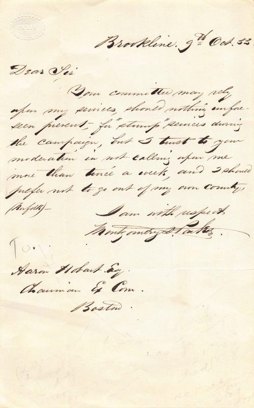 Montgomery Parker Brookline Boston Antique Autograph Signed Political Letter 1853