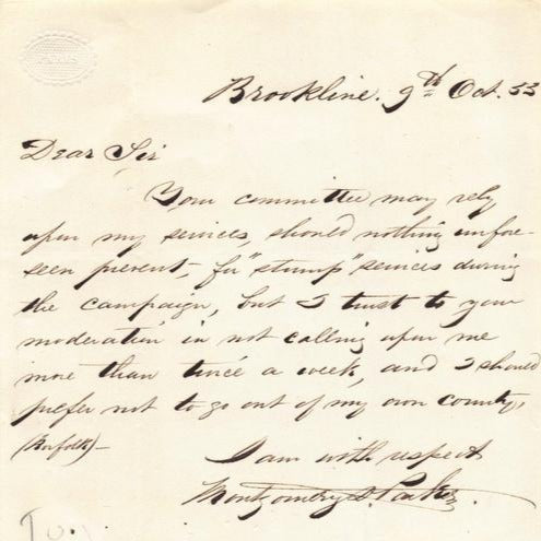 Montgomery Parker Brookline Boston Antique Autograph Signed Political Letter 1853