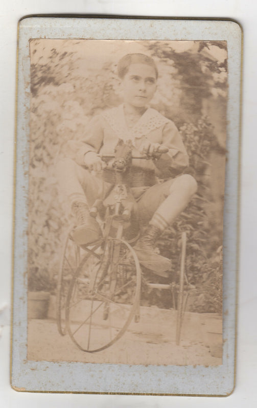 Ethnic Little Boy on Antique Horse Toy Tricycle Bike Antique CDV Photo