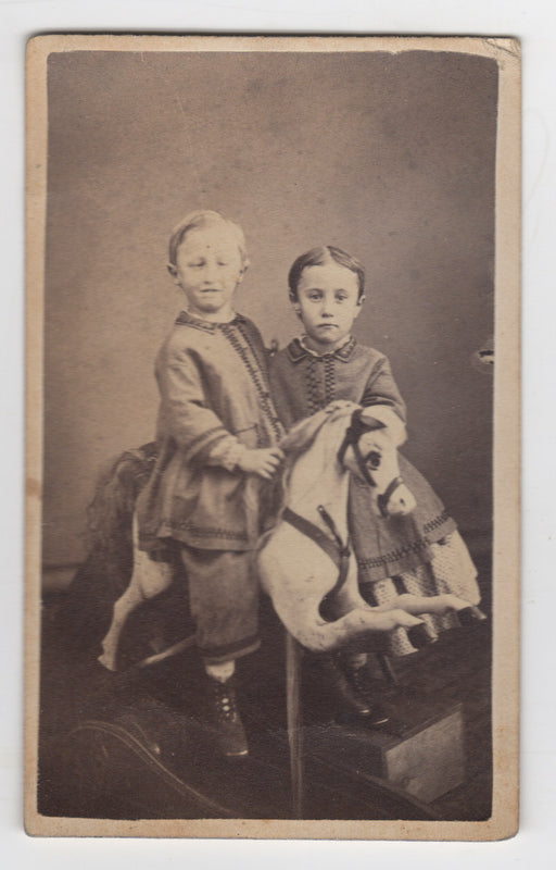 Little Twin Boys Folk Art Carved Wood Rocking Horse ID'd Antique CDV Photo