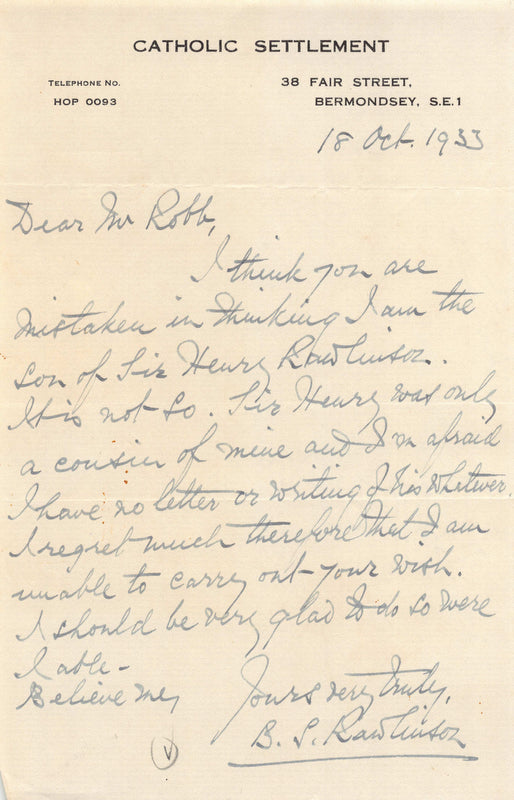 Bernard Rawlinson Catholic Military Chaplain Autograph Signed Bermondsey Letter 1933