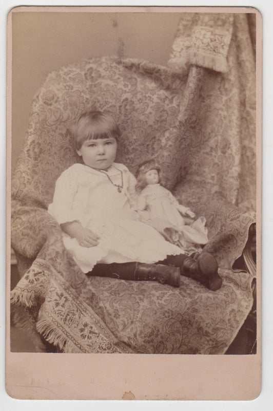 Little Girl and Porcelain Doll Hidden Mother Antique Cabinet Card Photo