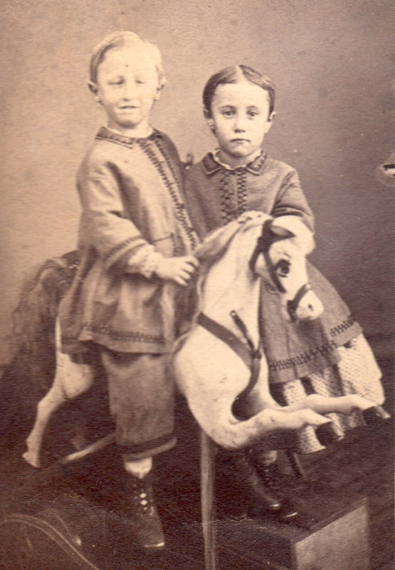 Little Twin Boys Folk Art Carved Wood Rocking Horse ID'd Antique CDV Photo