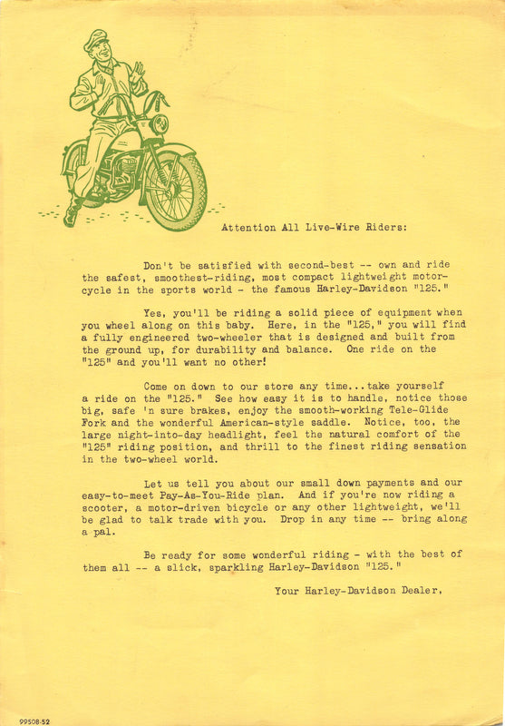 Harley Davidson Motorcycles Vintage 1950s Graphic Advertising Letter