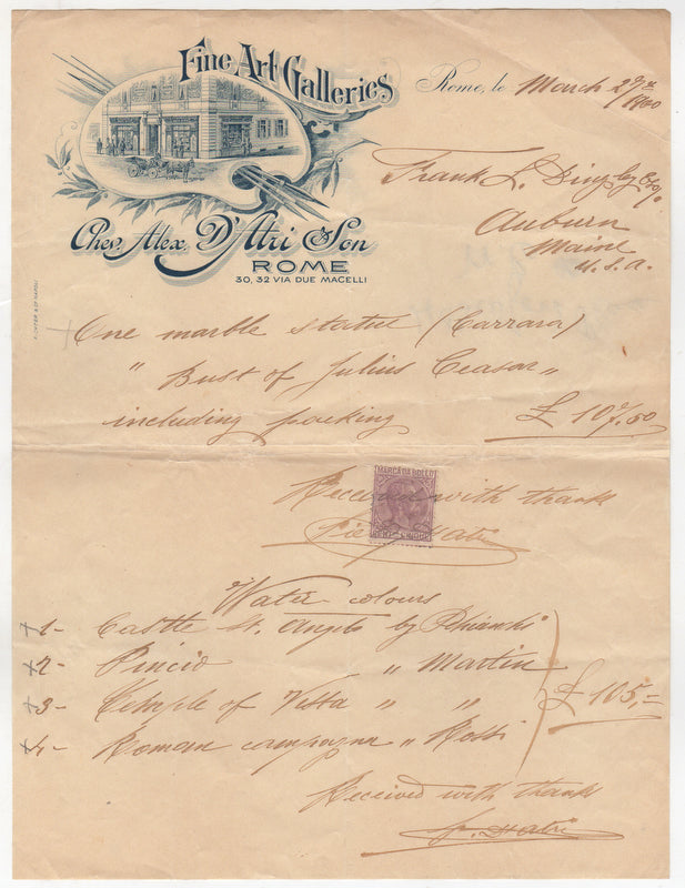 Frank Dingley Auburn Maine News Owner Antique Roman Art Purchase Letter 1900