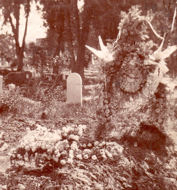 Fantastic Clock Face Headstone Floral Grave Site Antique Photo on Board
