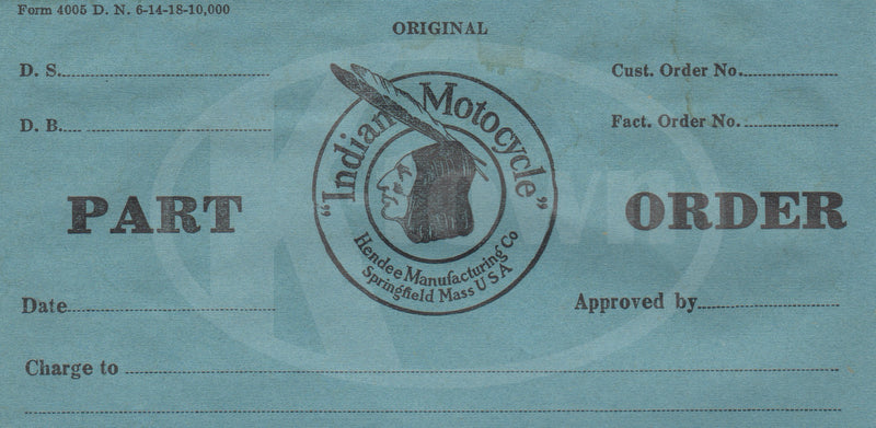 Hendee Indian Motorcycle Springfield MA Original Antique Bike Parts Order Form