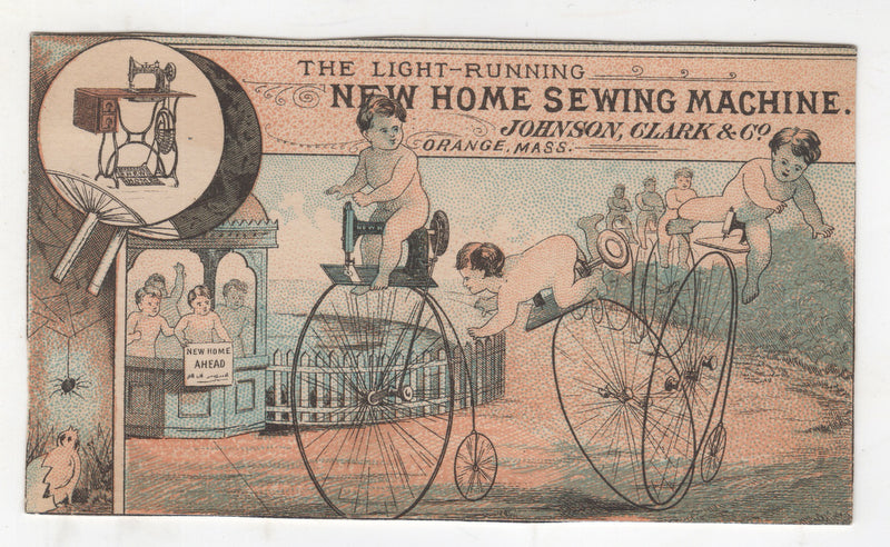 Johnson Clark Sewing Machines High Wheel Bicycle Babies Antique Trade Card