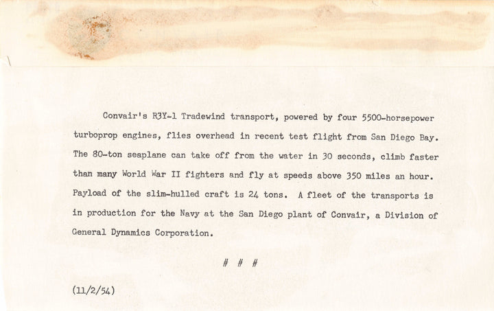 Convair R3Y Tradewind Flying Boat Vintage Navy Aviation File Photo 1954