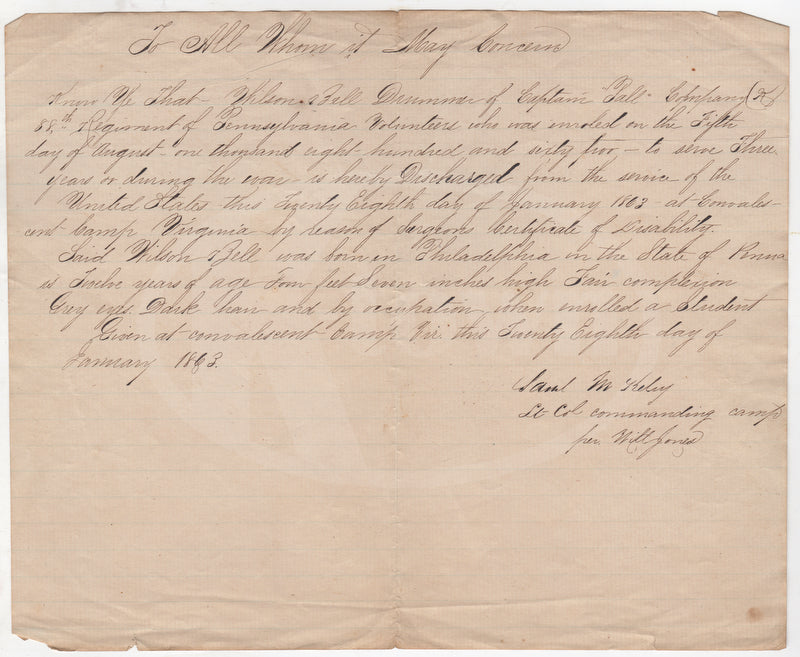 Civil War Drummer Boy 88th Pennsylvania Infantry Medical Discharge Letter 1863