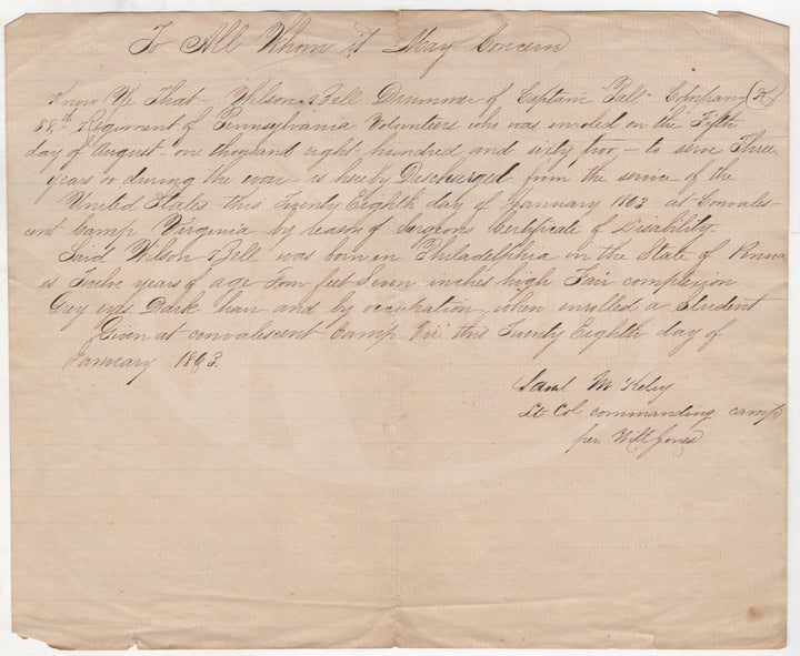 Civil War Drummer Boy 88th Pennsylvania Infantry Medical Discharge Letter 1863