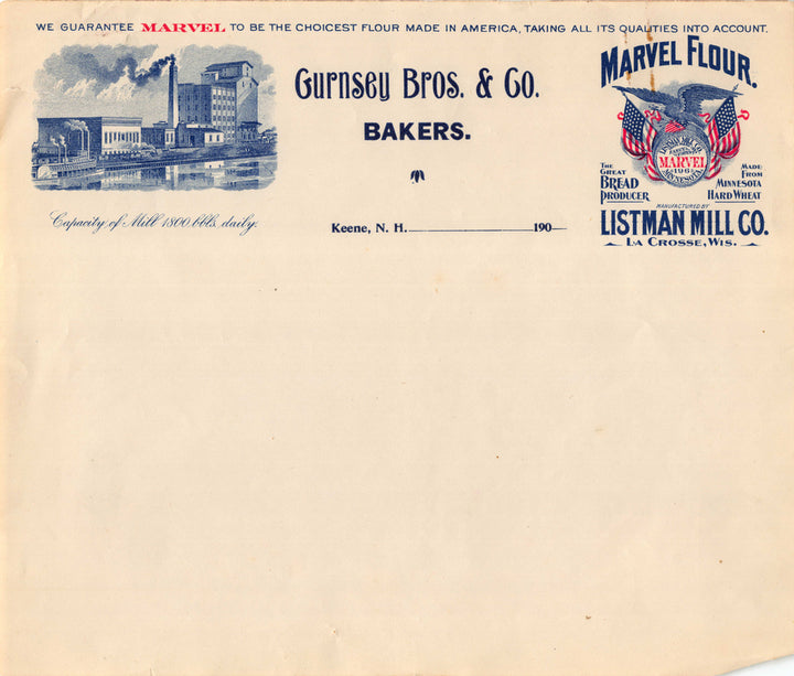 Gurnsey Bros Marvel Flour Bakers Keene NH Antique Graphic Advertising Letterhead