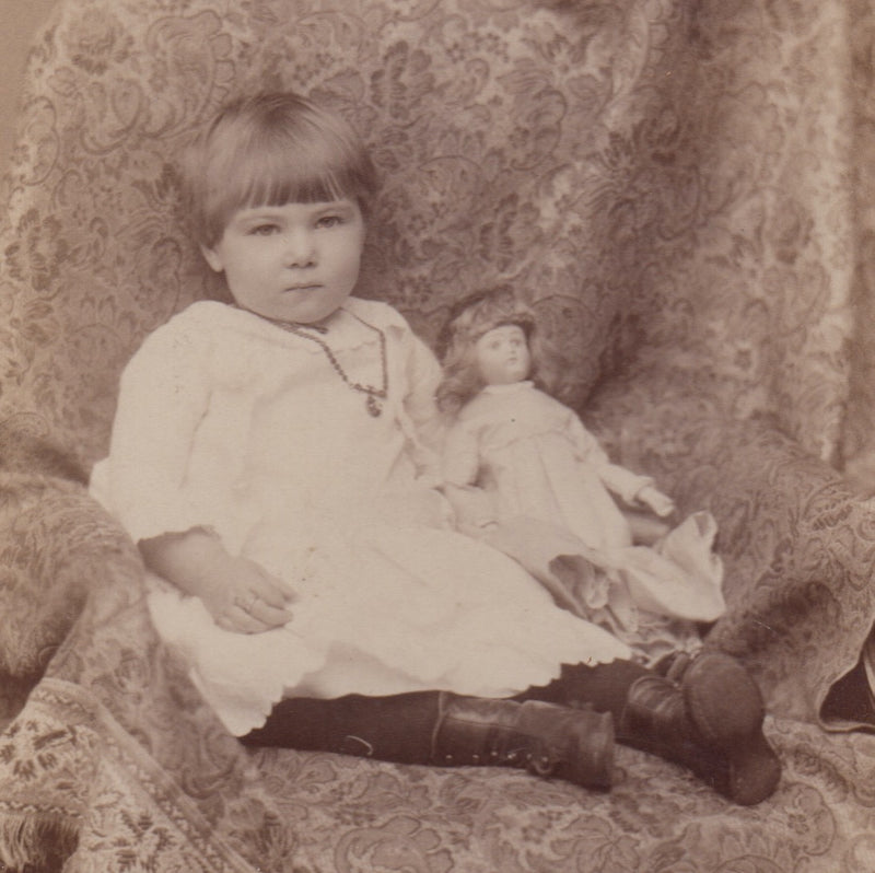 Little Girl and Porcelain Doll Hidden Mother Antique Cabinet Card Photo