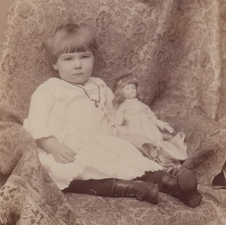 Little Girl and Porcelain Doll Hidden Mother Antique Cabinet Card Photo