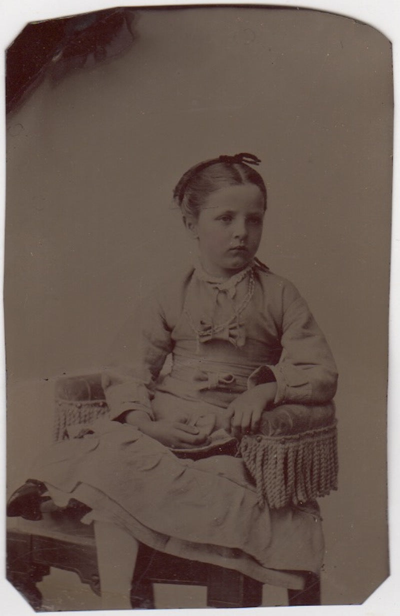 Darling Little Girl with Bow Dress & Gold Necklace Antique Tintype Photo