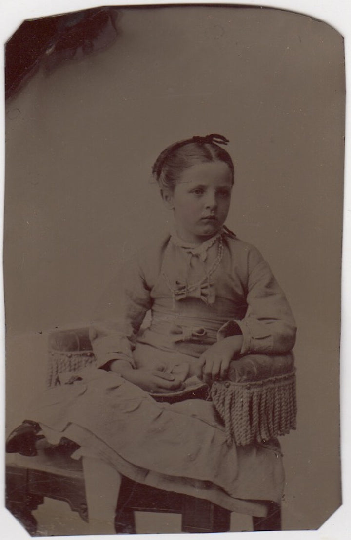 Darling Little Girl with Bow Dress & Gold Necklace Antique Tintype Photo