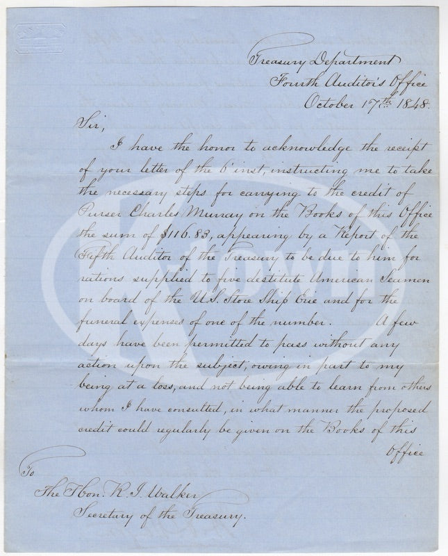 USS Erie Mexican War Ship US Treasury Dept Antique Autograph Signed Letter 1848