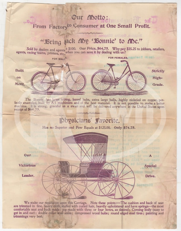 Binghamton New York Carriage and Cycle Antique Bicycle Advertising Letter 1896