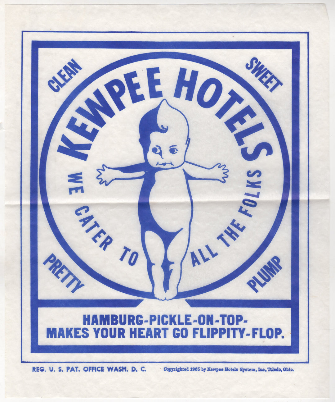 Kewpie Doll Kewpee Hotels Vintage Graphic Advertising Wrapper Poster 1965