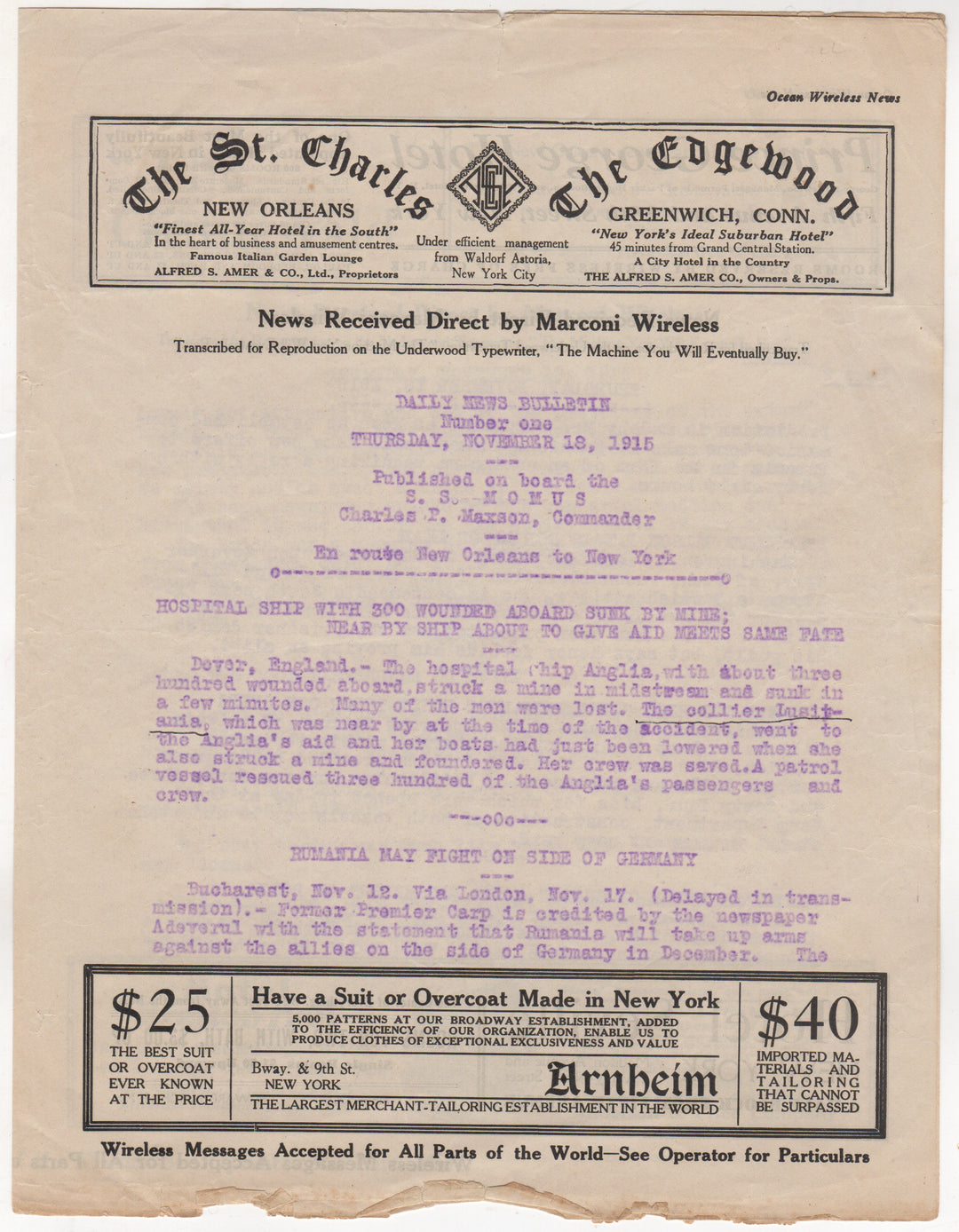 WWI Anglia Lusitania Ship Sinkings Original Marconi Radio News Report 1915