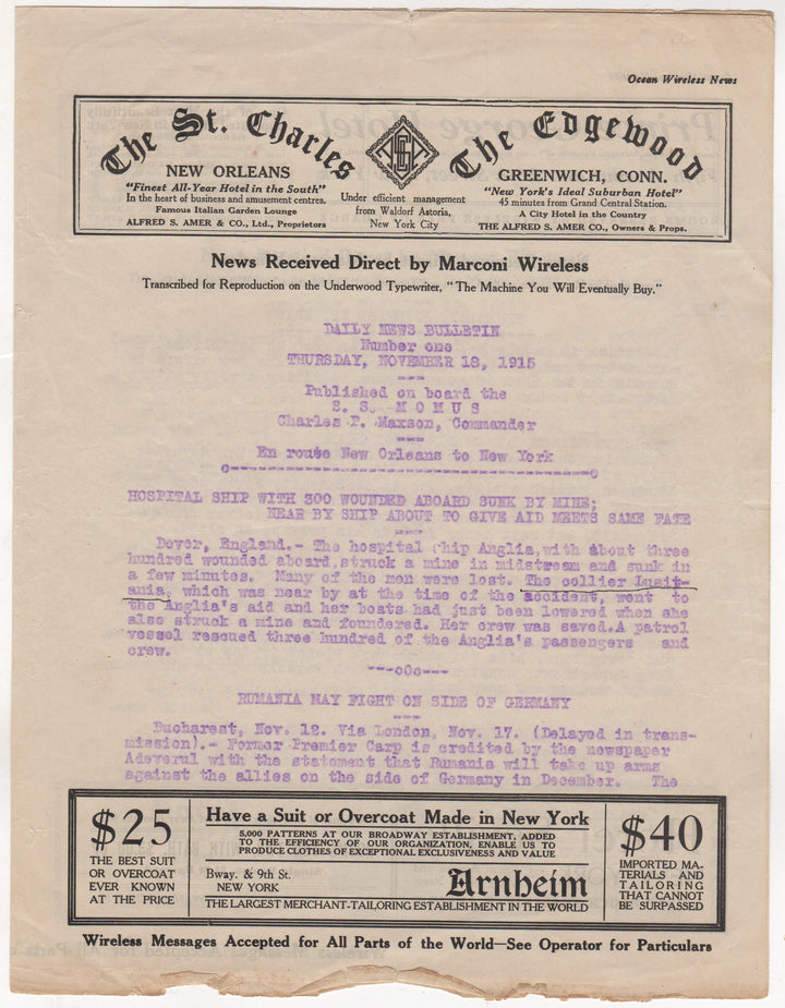 WWI Anglia Lusitania Ship Sinkings Original Marconi Radio News Report 1915