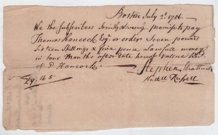 Thomas Hancock 1756 Promissory Note to Stephen Shattuck of Littleton, MA