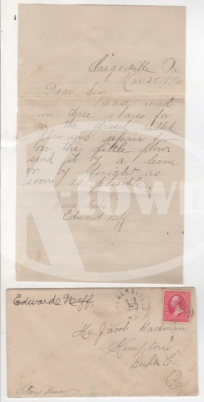 Edward Neff Saegersville PA Antique Autograph Signed Farm Equipment Letter 1896
