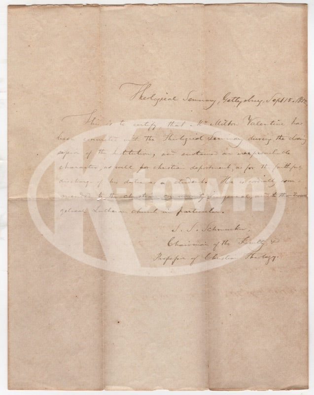 Rev. Samuel Simon Schmucker Gettysburg Seminary Abolitionist Autographed Letter 1852