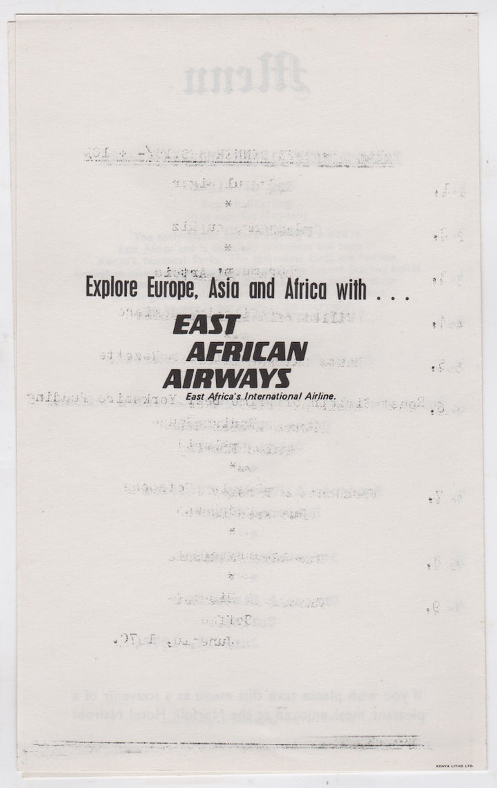 East African Airways Hotel Norfolk Vintage Graphic Advertising Dinner Menu 1970