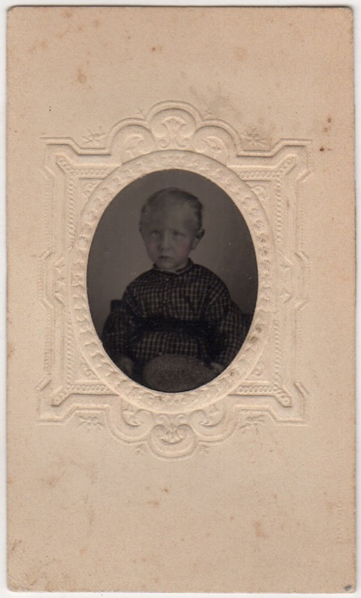 Darling Little Boy with Straw Hat Crisp Antique Tintype Photo