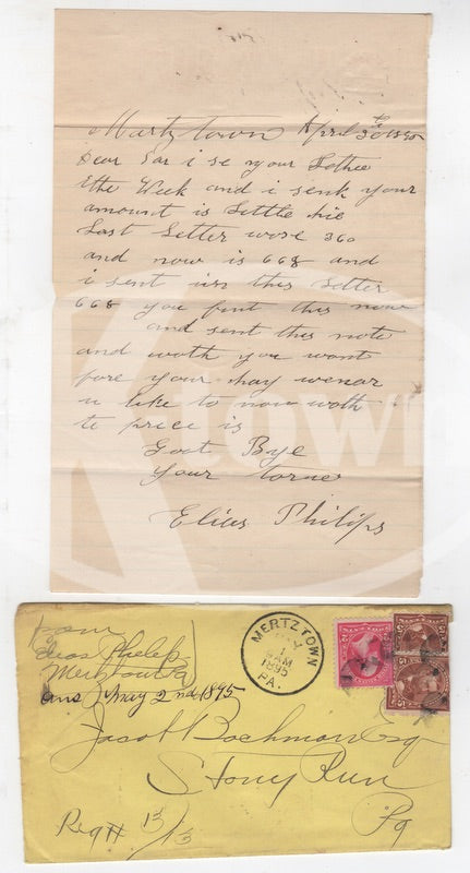 Elias Phillips Mertztown PA Antique Autograph Signed Farm Equipment Letter 1895