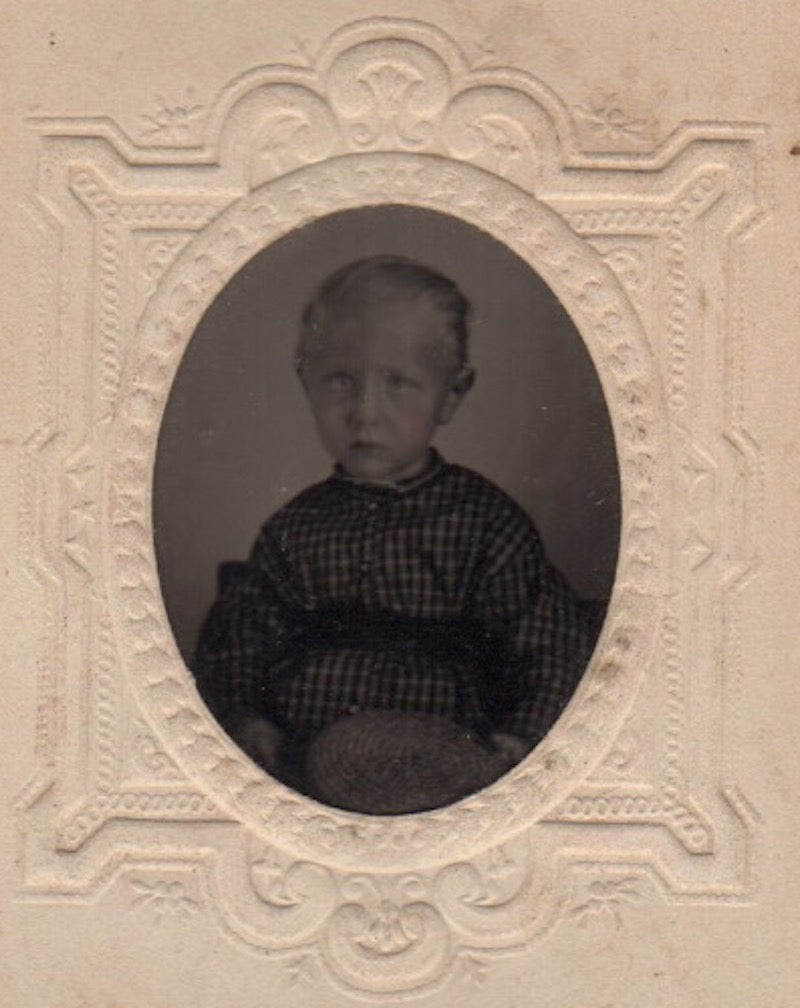 Darling Little Boy with Straw Hat Crisp Antique Tintype Photo