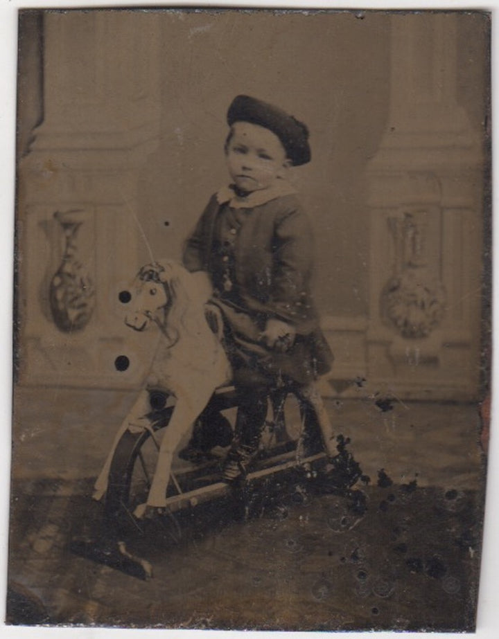 Cute Little Boy on Folk Art Hobby Horse Antique Tintype Photo