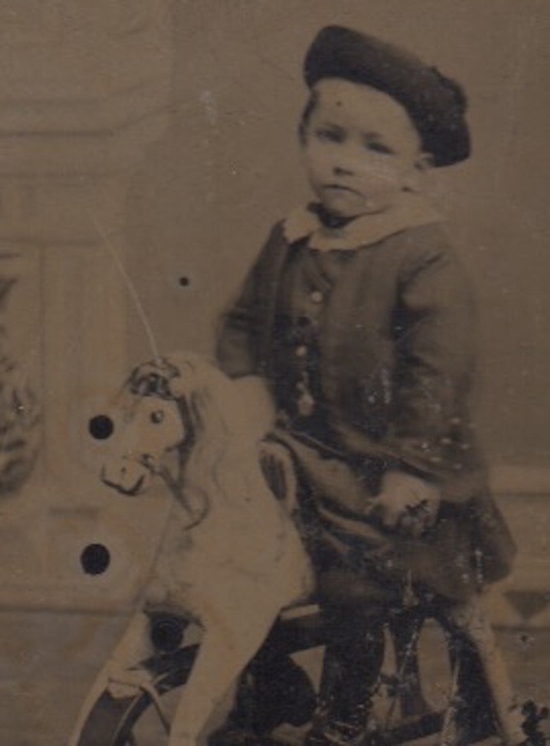 Cute Little Boy on Folk Art Hobby Horse Antique Tintype Photo