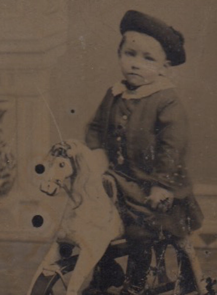 Cute Little Boy on Folk Art Hobby Horse Antique Tintype Photo