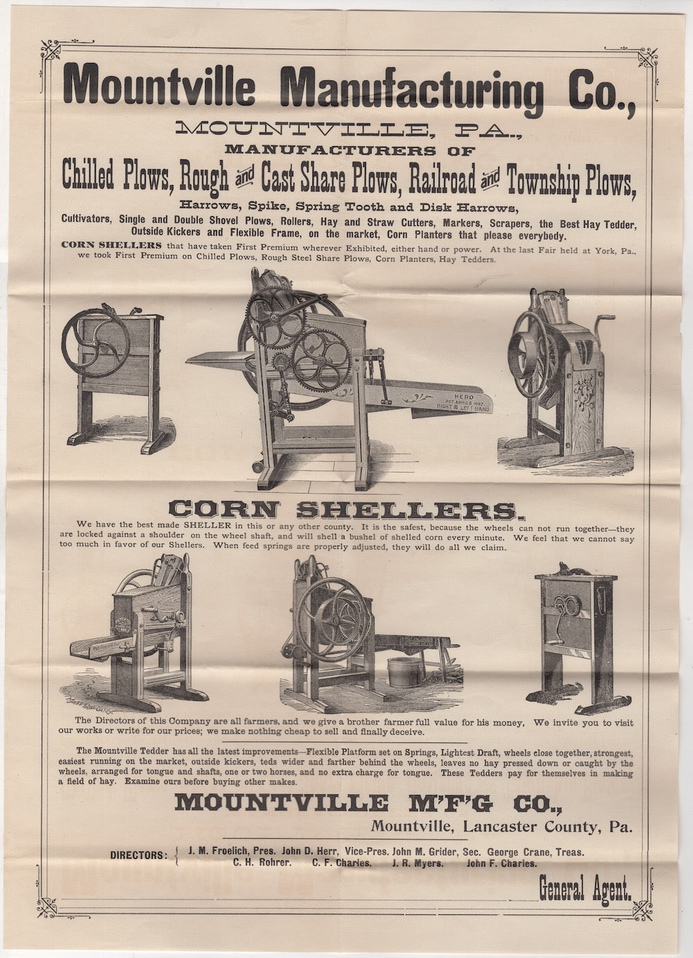 Mountville Lancaster PA Farm Machinery Antique Advertising Broadside Poster 1890s